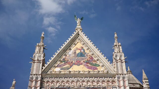 Siena Cathedral Facade Detail Under Blue Sky, Tuscany Italy