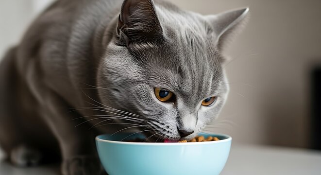 A gray cat eats food from a blue bowl on a white surface, close-up with focus on the face