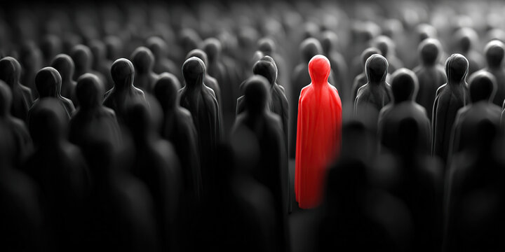 Red Person in black Crowd Standing Out Individuality Concept be insane loneliness unusual black sheep 
difference