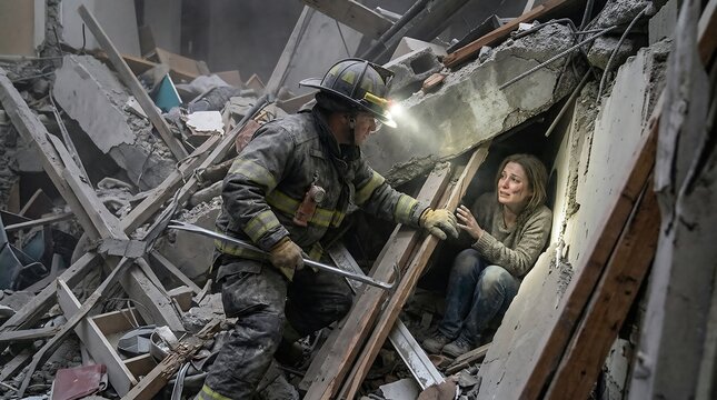 The heroic feat of firefighters saving people, carrying them from the blazing flames. They provide moral support to the victims, demonstrating genuine human compassion.