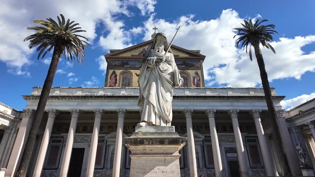 Statue Of Saint Paul In Front Of Basilica San Paolo Rome Slow Motion