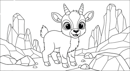 A charming cartoon goat stands amidst a landscape of jagged outlined crystals © Swapan