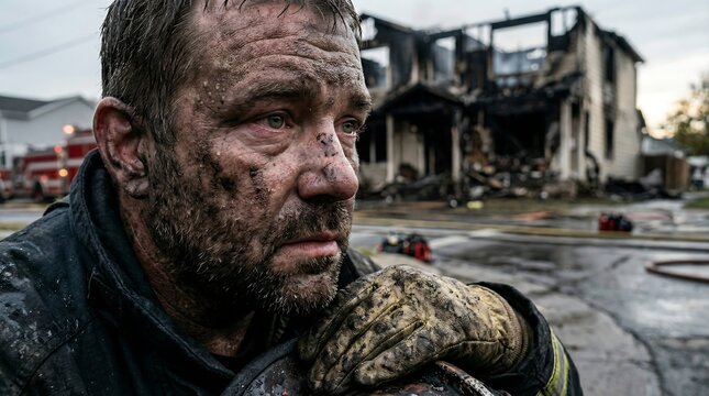 The heroic feat of firefighters saving people, carrying them from the blazing flames. They provide moral support to the victims, demonstrating genuine human compassion.