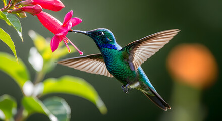 Obraz premium A vibrant hummingbird hovers mid air delicately feeding from a bright pink tropical flower high quality