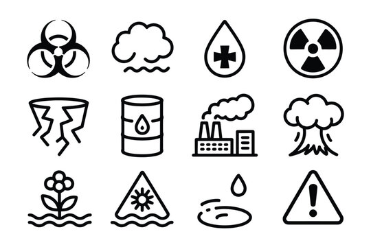 Eco-risk icon set, linear eco hazard indicators featuring toxic symbol, pollution haze, tainted water drop, radiation circle, soil danger patch, hazardous drum, and smoke hazard, environmental monitor