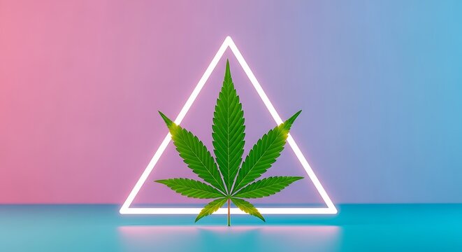 A vibrant cannabis leaf, centered within a neon triangle, against a pastel gradient backdrop