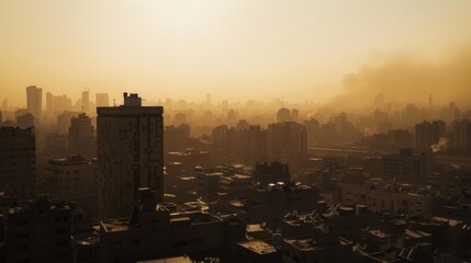Fototapeta premium Panoramic view of a dense Middle Eastern city skyline shrouded in haze at sunset