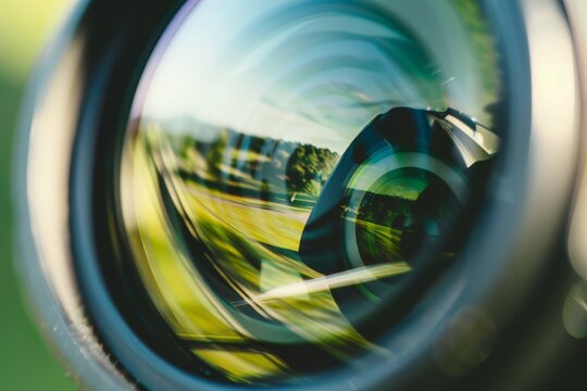 Close-up macro view of a camera lens reflecting a vibrant green landscape