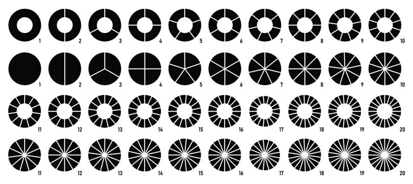 Circle pie chart infographics. Pizza part slice graph vector diagram. Round wheel divide into equal segments. Wheel diagrams set in black color.