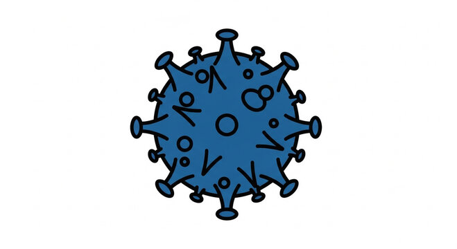 A blue cartoon illustration of a virus cell with letters and symbols on it