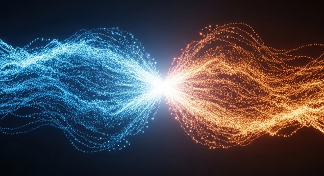 Two colorful particle streams merging abstract background.