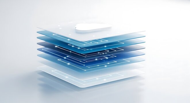 Abstract layered illustration depicting digital cloud technology with glowing nodes and lines