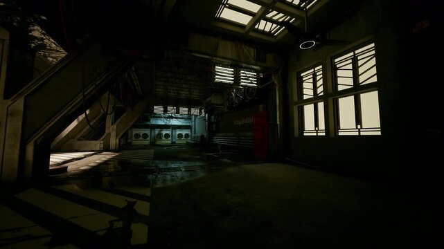 dark abandoned industrial corridor with stairwell, dim shafts through broken skylight reveal puddled floors and scattered tools tense atmosphere of suspense