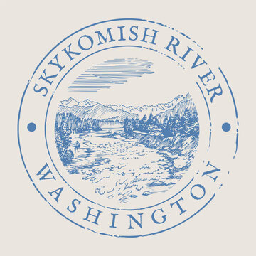 Skykomish River Postage Stamp Featuring The Scenic Mountains And Evergreen Forest Wilderness.