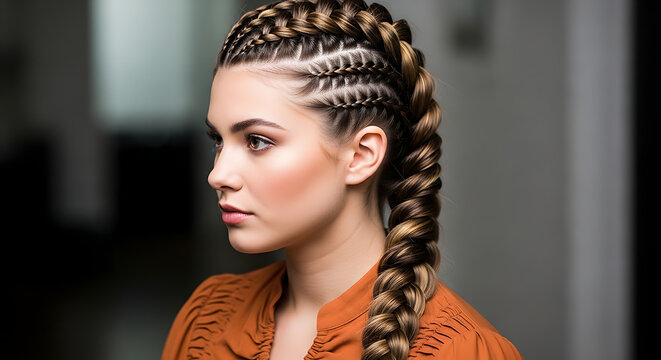 Woman with intricate braided hairstyle and elegant makeup, looking sideways
