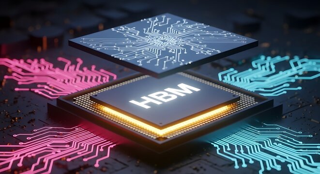 High Bandwidth Memory HBM Chip Concept for Advanced Artificial Intelligence Computing Hardware, Futuristic Microprocessor Architecture with Glowing Circuitry Lines for Modern Semiconductor