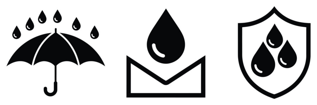 Waterproof water-resistant icon set, symbols representing water protection, liquid-repellent surfaces, rainproof and splash-proof features, durability and outdoor gear concept, minimal flat design, 