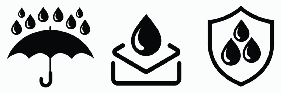 Waterproof water-resistant icon set, including droplet shield, umbrella, water-repellent surface, splash protection, and seal symbols, product durability and safety concept, clean line style, vector 