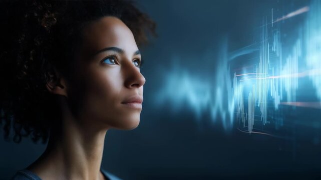 A thoughtful woman gazes at a virtual screen displaying advanced digital graphics and audio waveforms. The image represents innovation, AI, and the future of human technology interaction