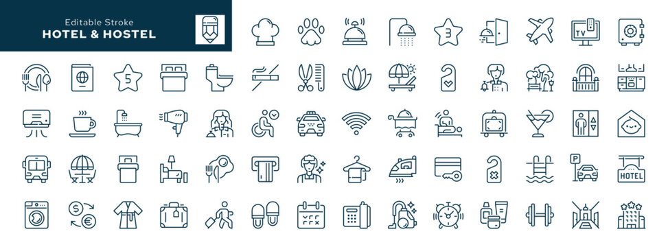 Hotel. Set of outline icons. Hostel, apartment, reception, hotel maid, bell boy, room and more. Line icon in linear style. Vector collection	