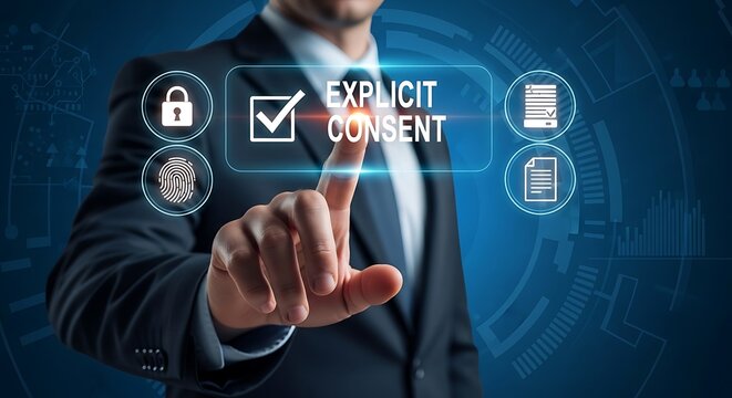 Businessman selects "Explicit Consent" on a digital interface, representing data privacy