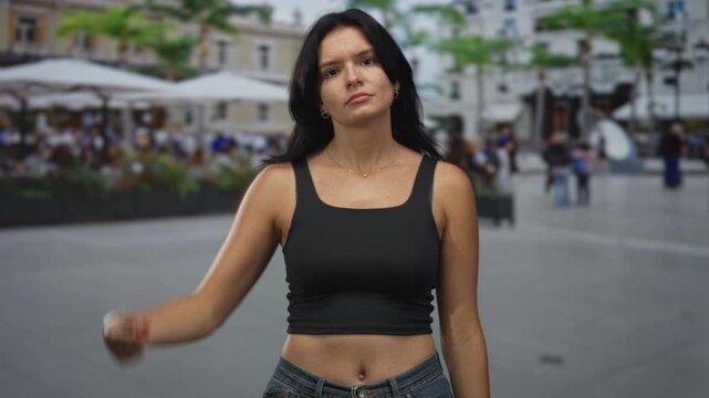 Young hispanic woman pointing finger to navel and exposed midriff on busy street; body positivity confidence.