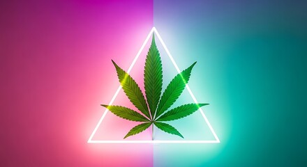Obraz premium Cannabis leaf inside a glowing triangle, set against a two-tone, neon pink and teal backdrop