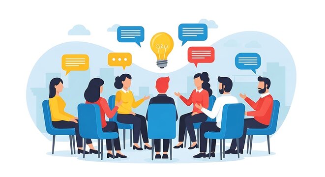 Cartoon of diverse team seated in a circle, sharing ideas & brainstorming with thought bubbles