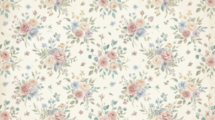 Fototapeta premium Pastel ditsy floral wallpaper pattern with tiny blossoms and delicate leaves.