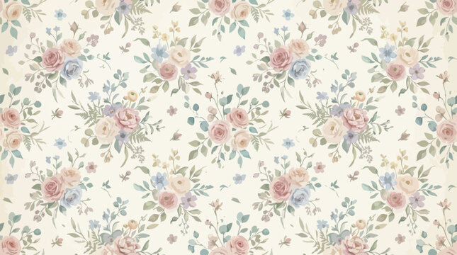 Pastel ditsy floral wallpaper pattern with tiny blossoms and delicate leaves.