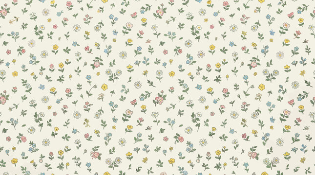 Delicate tiny floral pattern on light beige background suitable for textiles and wallpaper designs.