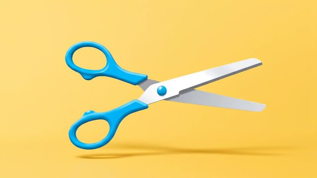 Minimalist blue scissors ready to cut on a vibrant yellow backdrop