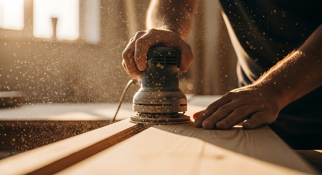 Close-up of a person sanding wood with power tool, sawdust flying. Sunlit workshop