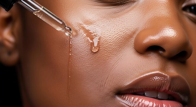 Close-up of a person's face with skincare product dripping from dropper