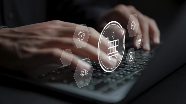 Online shopping cart and ecommerce concept. Person using laptop with shopping cart and online store icons, digital shopping, online transactions and retail business.