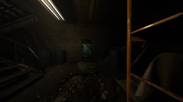 rusty metal hatch ajar revealing hidden green pocket, overgrown plants and filtered light visible beyond damp threshold, contrast between manmade decay