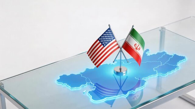 United States and Iran flags on a glass table. Diplomatic meeting and international relations concept. Glowing blue map of Iran on a desk. Geopolitical negotiation and summit