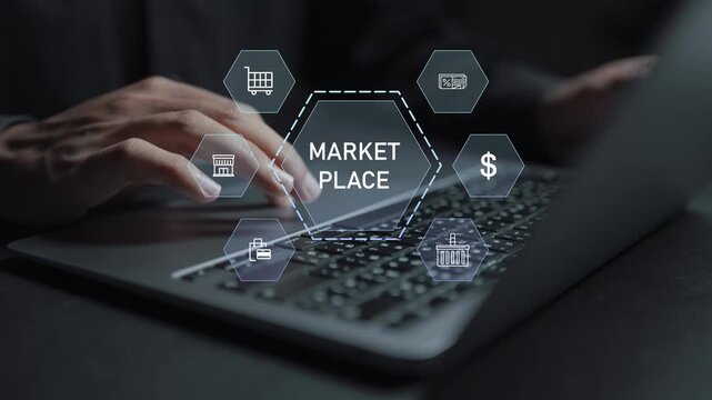 Ecommerce online marketplace platform concept. Person using laptop with store and shopping icons, digital commerce, product catalog and online sales.