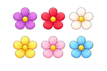 Obraz premium Collection of six colorful cartoon flowers with yellow centers as PNG asset isolated on transparent background