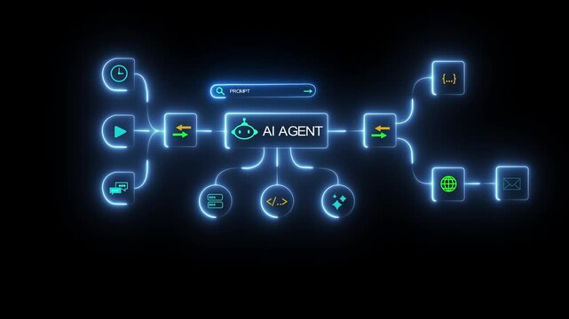 Businessman interacting with AI agent interface to automation processes and managing digital tasks process data, and control smart systems, showing artificial intelligence innovation,4k video.