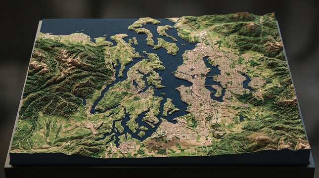 A detailed 3d topographic model showcasing the coastal landscape of a sprawling urban city region