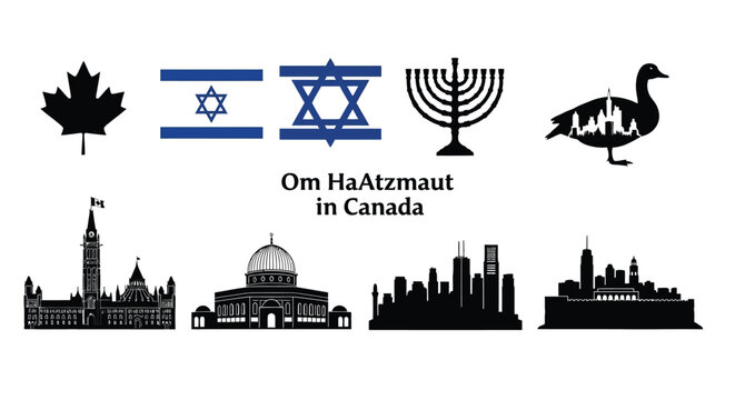 Symbols of Canada and Israel with text Om HaAtzmaut in Canada