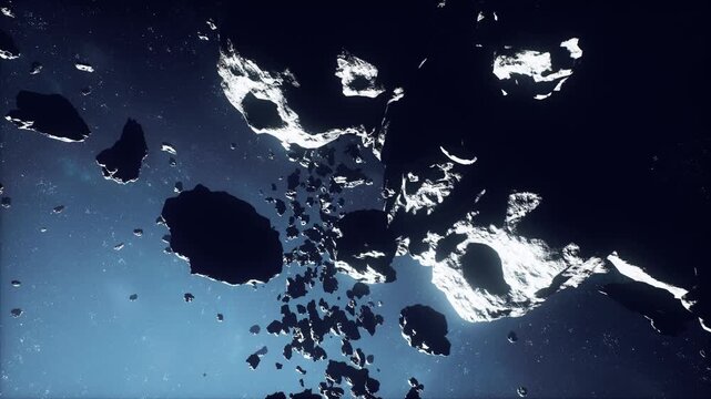 Mining robot examines planetary surface for resources, Luminous asteroid cluster filled with drifting debris and mining device analyzing mineralrich areas