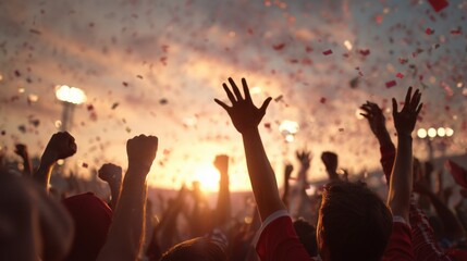 Fototapeta premium Crowds of football fans celebrating victory with raised arms at sunset