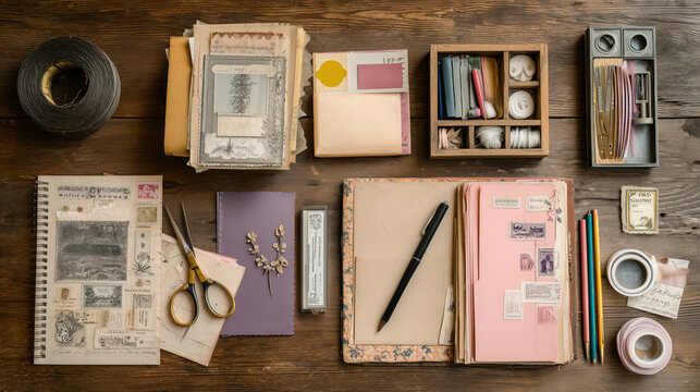 Vintage junk journal flat lay with old paper and crafting tools