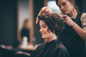 Fototapeta premium Professional hair stylist cutting woman's short hair in modern luxury salon