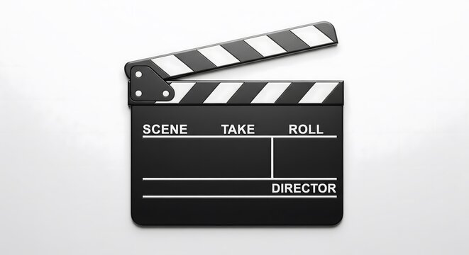 A professional movie clapperboard, a tool used in filmmaking for scene, take, and director identification and synchronization