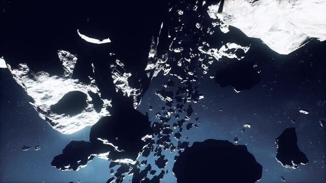 asteroid field framing distant star cluster with scattered fragments, deep cosmic backdrop and survey mission capturing faint starlight and vast scale