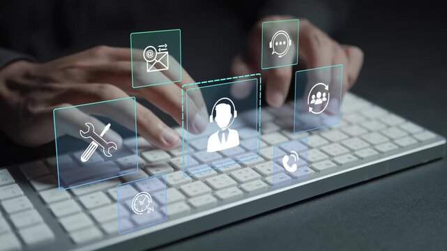 Digital technical support platform concept. Person typing keyboard with customer support and workflow icons, online assistance, task management, and service productivity.