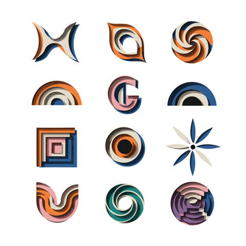 "Abstract paper cut layered geometric shapes set with 3d papercraft effect."